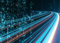 Illustration - blue/red lines flowing as if a highway, with wall of 0s and 1s on left
