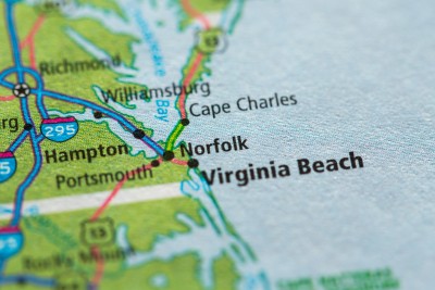 Colored road map of Virginia/North Carolina East Coasts
