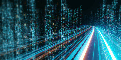Illustration - blue/red lines flowing as if a highway, between walls of 0s and 1s
