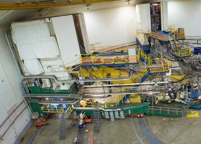 Hall A from ceiling, showing two High Resolution Spectrometers
